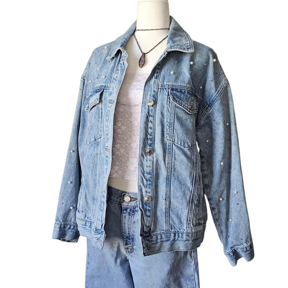 Forever 21 Light Blue Denim Jacket with Pearl Details